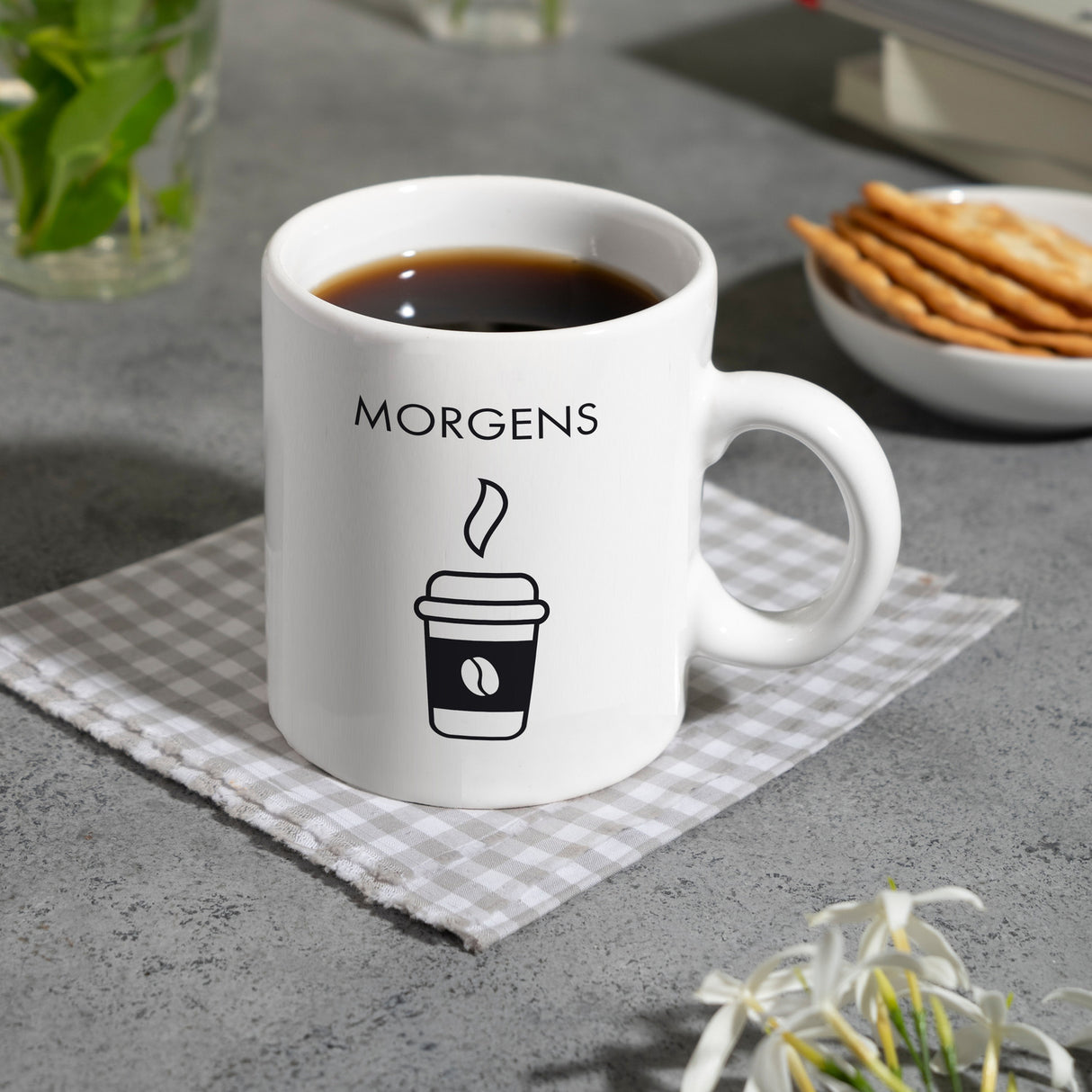 Morgens und Abends Kaffeebecher mit Kaffeebecher und Weinglas Wendemotiv