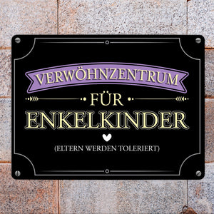 Verwöhnzentrum für Enkelkinder Metallschild mit lustigem Spruch für Großeltern