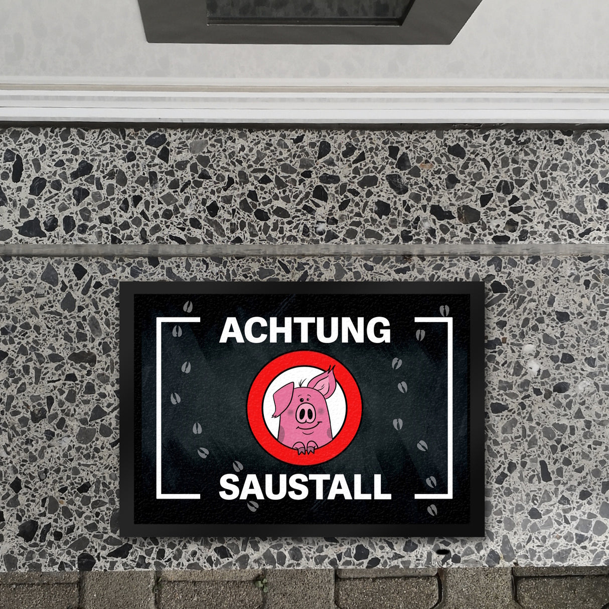 Achtung Saustall Fußmatte mit niedlichem Comic-Schwein im Warnkreis