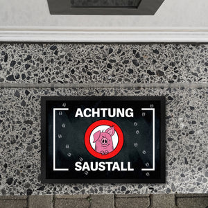 Achtung Saustall Fußmatte mit niedlichem Comic-Schwein im Warnkreis