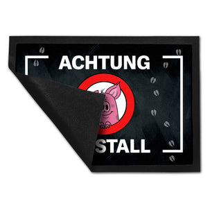 Achtung Saustall Fußmatte mit niedlichem Comic-Schwein im Warnkreis