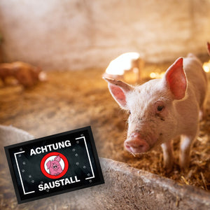 Achtung Saustall Fußmatte mit niedlichem Comic-Schwein im Warnkreis