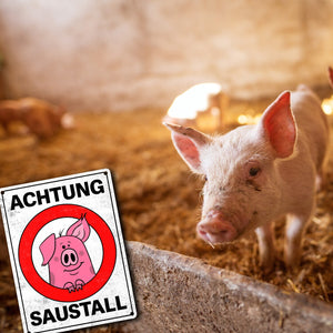 Achtung Saustall Metallschild mit lustigem Comic-Schwein in einem Warnkreis