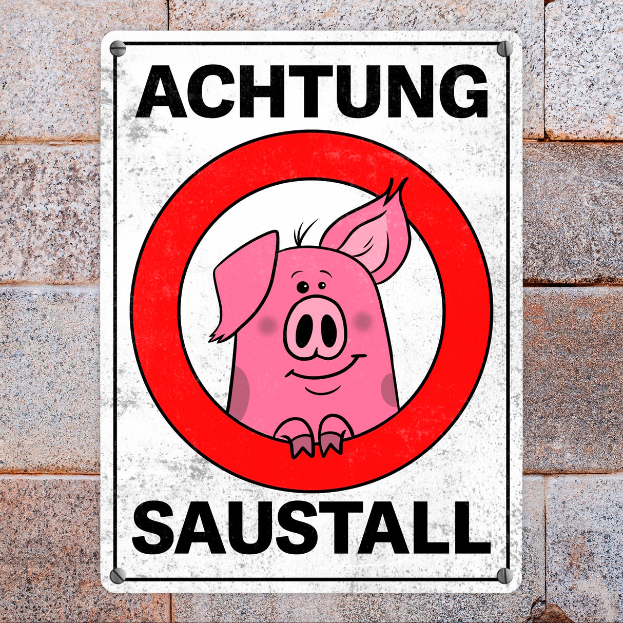 Achtung Saustall Metallschild mit lustigem Comic-Schwein in einem Warnkreis