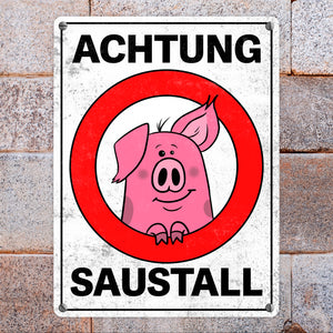 Achtung Saustall Metallschild mit lustigem Comic-Schwein in einem Warnkreis
