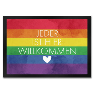 Jeder ist hier willkommen Fußmatte mit Regenbogenfahne