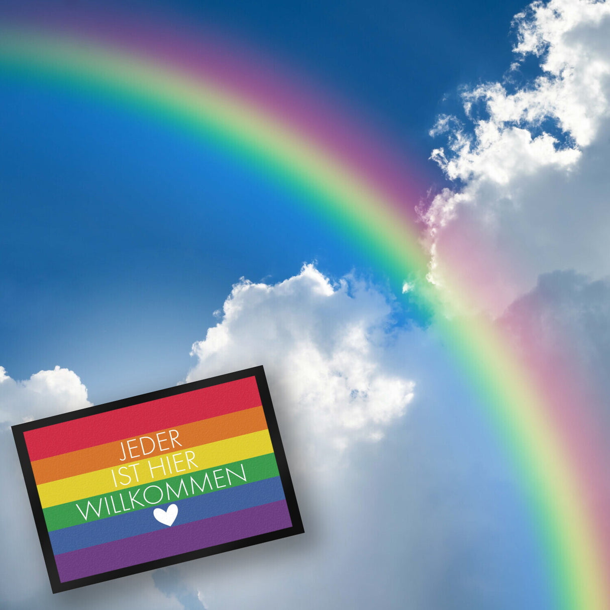 Jeder ist hier willkommen Fußmatte mit Regenbogenfahne