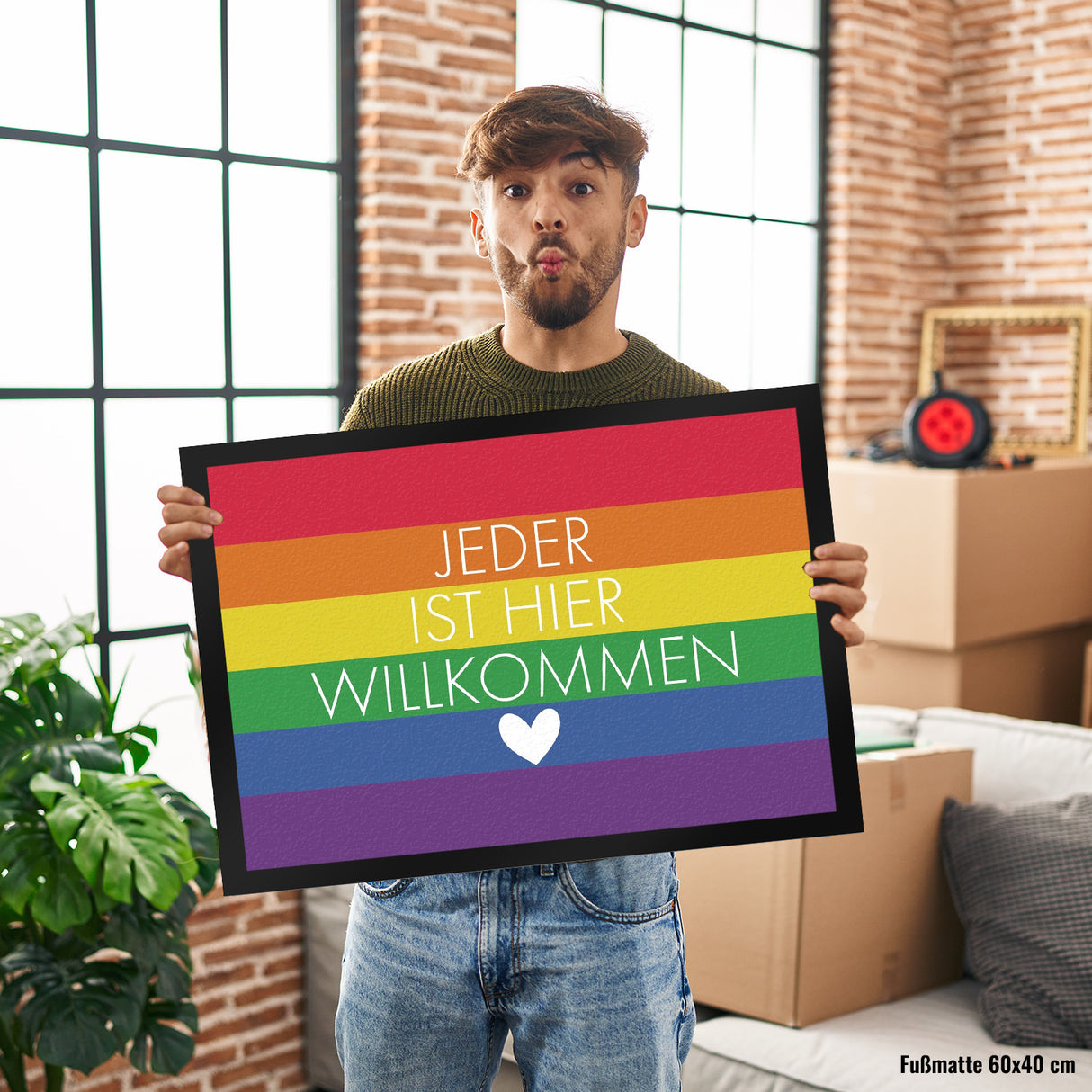 Jeder ist hier willkommen Fußmatte mit Regenbogenfahne