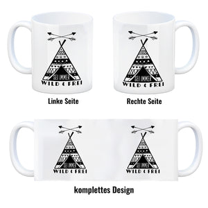 Sei immer wild & frei Kaffeebecher mit Zelt Motiv