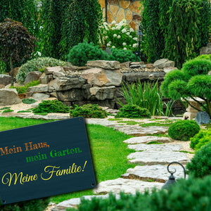 Mein Haus, mein Garten. Meine Familie Metallschild in 15x20 cm mit Spruch