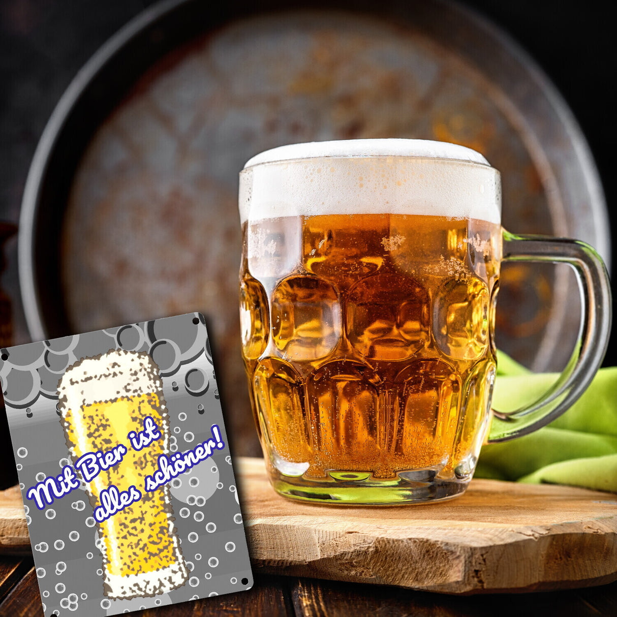 Metallschild in 15x20 cm im Bierdesign mit Spruch: Mit Bier ist alles schöner!
