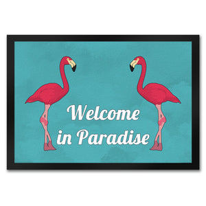 Fußmatte in 35x50 cm mit Flamingomotiv und Spruch: Welcome in Paradise