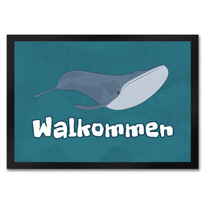 Blauwal Fußmatte in 35x50 cm mit Ozeanmotiv und Spruch Walkommen