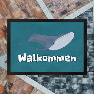 Blauwal Fußmatte in 35x50 cm mit Ozeanmotiv und Spruch Walkommen