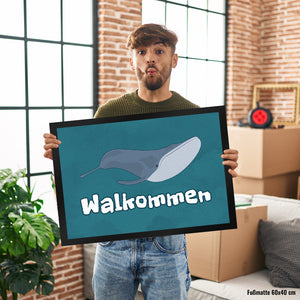 Blauwal Fußmatte in 35x50 cm mit Ozeanmotiv und Spruch Walkommen