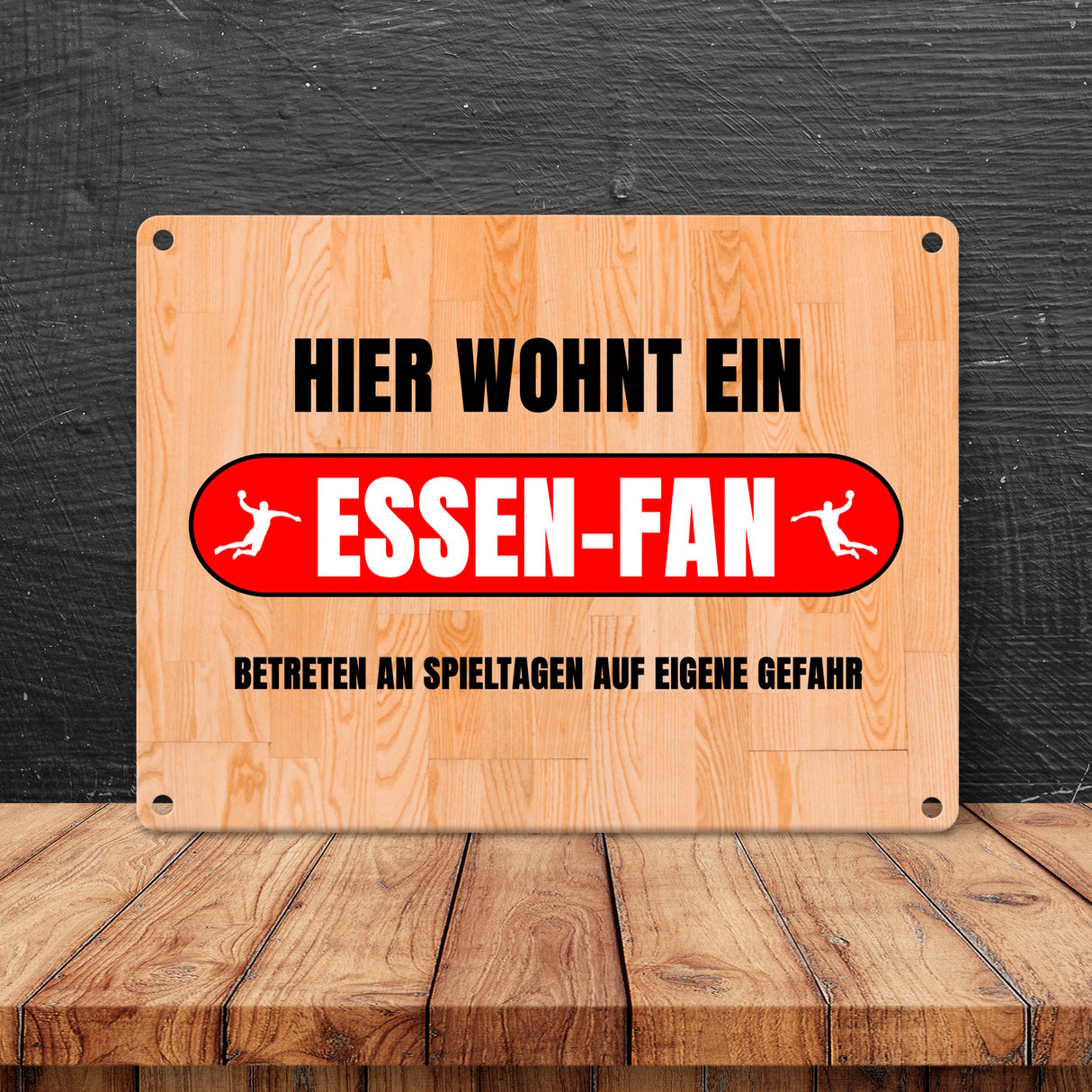 Hier wohnt ein Essen-Fan Metallschild in 15x20 cm mit Turnhallenboden Motiv