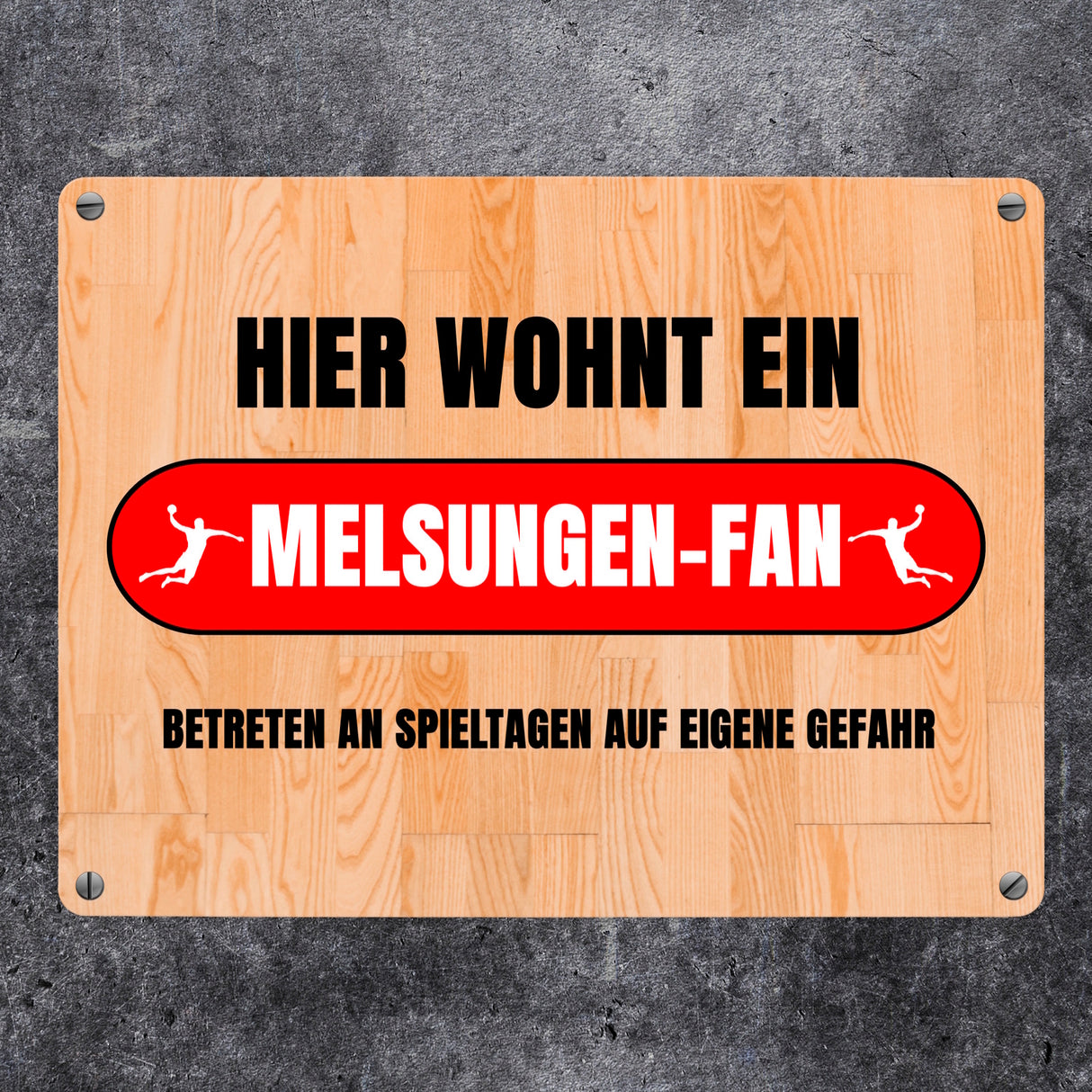 Hier wohnt ein Melsungen-Fan Metallschild in 15x20 cm mit Turnhallenboden Motiv