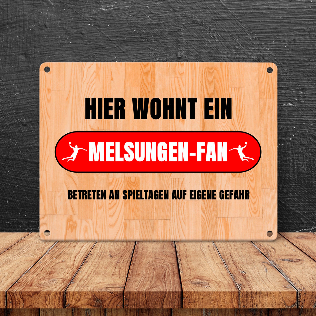 Hier wohnt ein Melsungen-Fan Metallschild in 15x20 cm mit Turnhallenboden Motiv