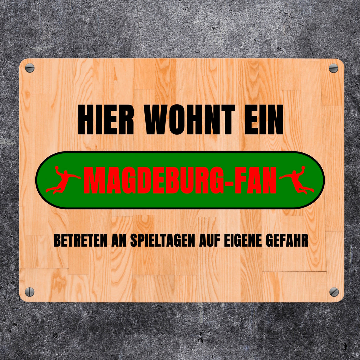 Hier wohnt ein Magdeburg-Fan Metallschild in 15x20 cm mit Turnhallenboden Motiv