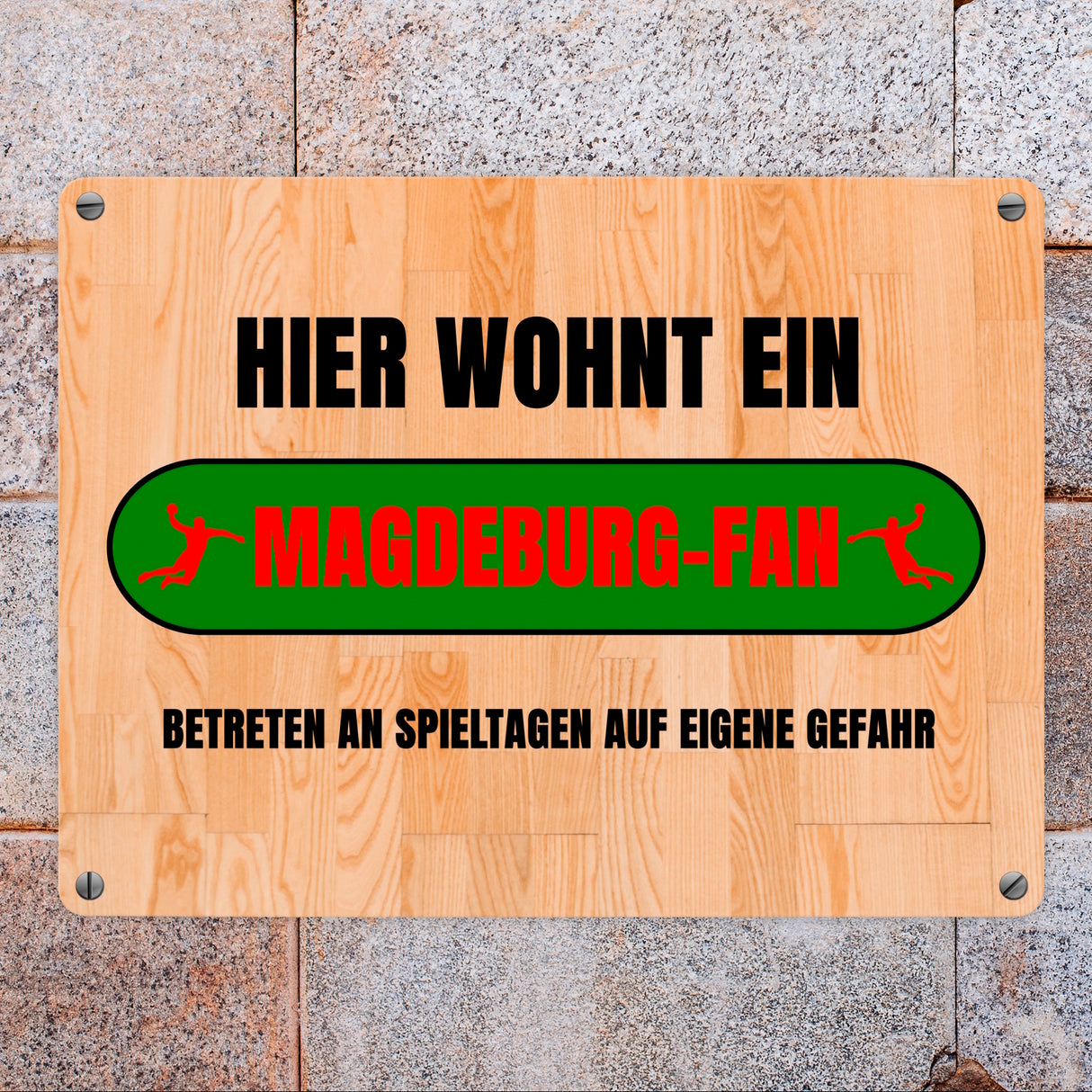 Hier wohnt ein Magdeburg-Fan Metallschild in 15x20 cm mit Turnhallenboden Motiv