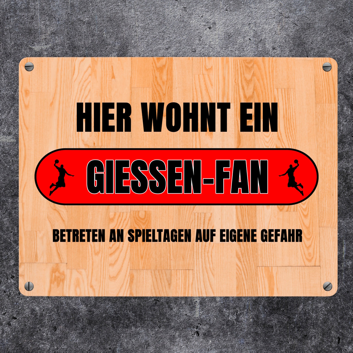 Hier wohnt ein Giessen-Fan Metallschild in 15x20 cm mit Turnhallenboden Motiv