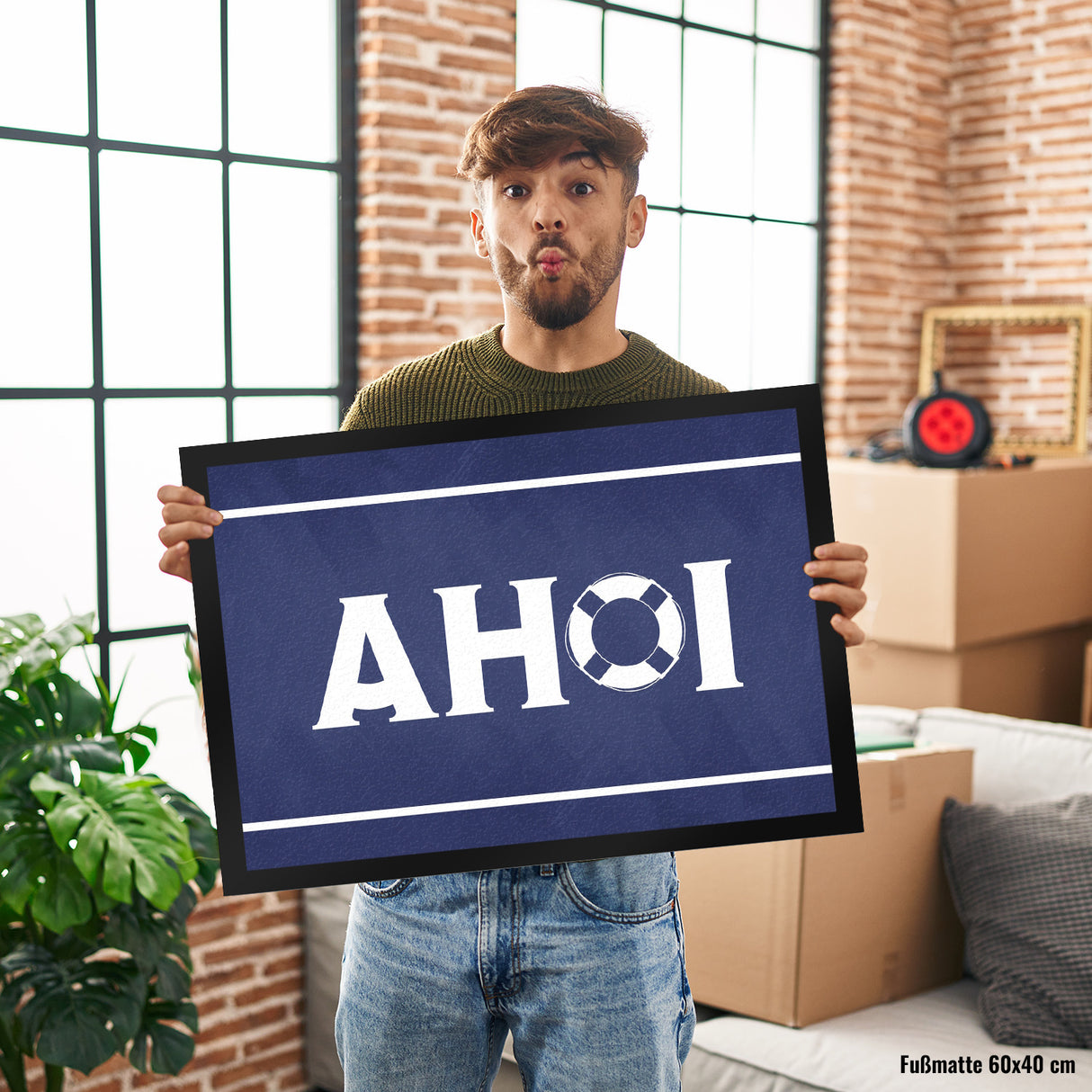 Ahoi Fußmatte mit Rettungsring Motiv als Geschenk für Seemänner