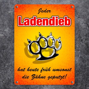 Metallschild Abschreckung für Ladendiebe mit Schlagring Symbol