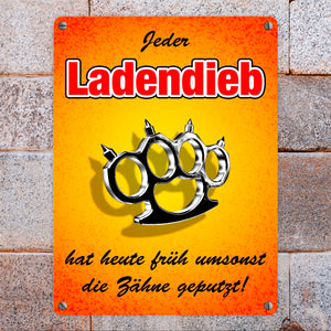 Metallschild Abschreckung für Ladendiebe mit Schlagring Symbol