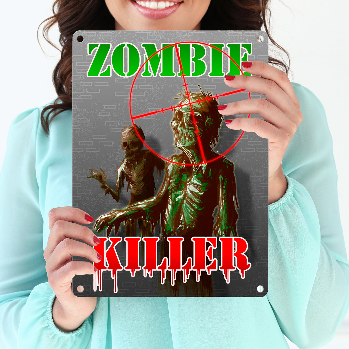 Metallschild Zombie Killer mit Fadekreuz und zwei Zombies im Comic-Design