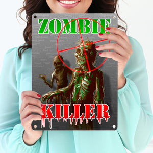Metallschild Zombie Killer mit Fadekreuz und zwei Zombies im Comic-Design