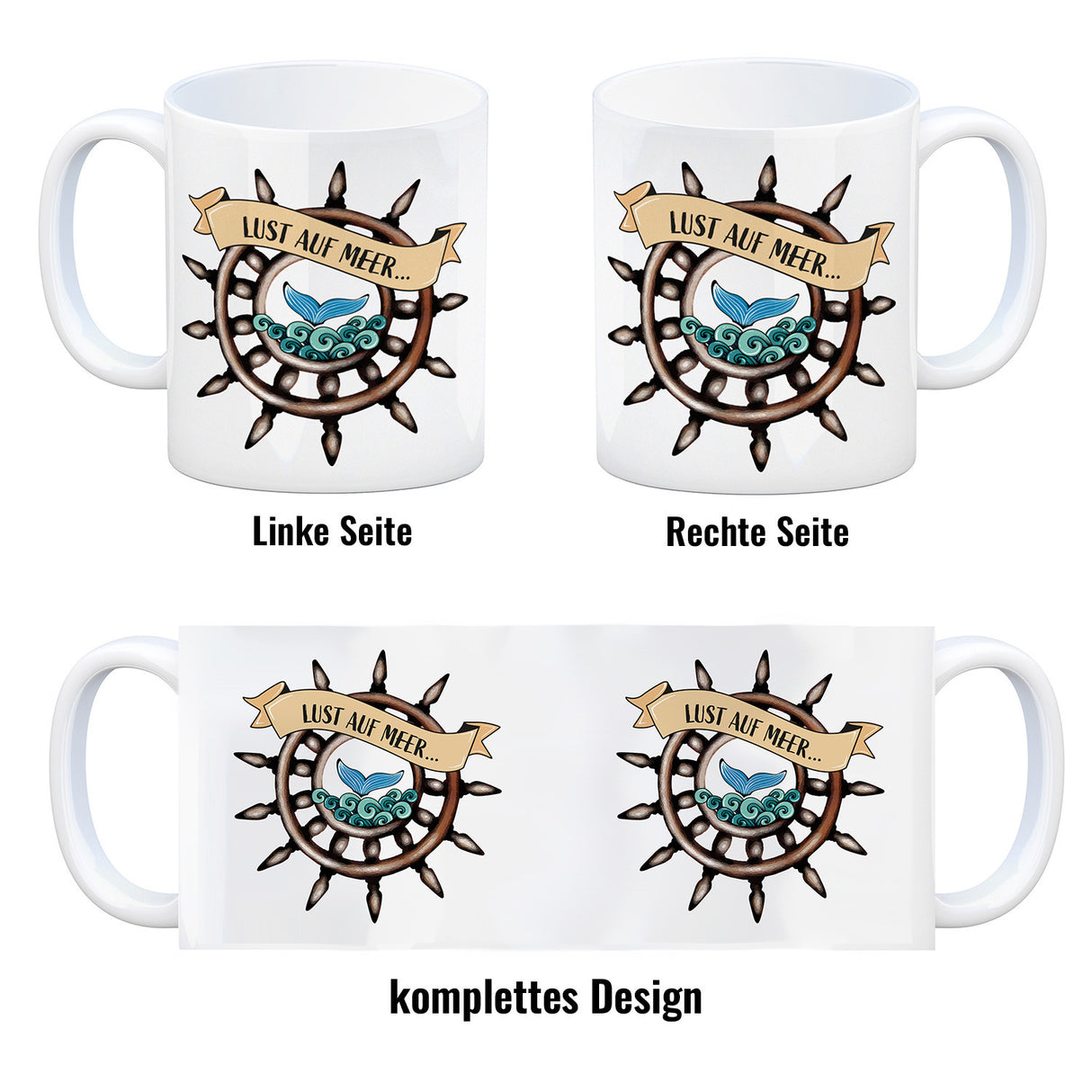 Kaffeebecher Lust auf Meer mit maritimen Motiv Flosse Steuerrad Meer Wellen