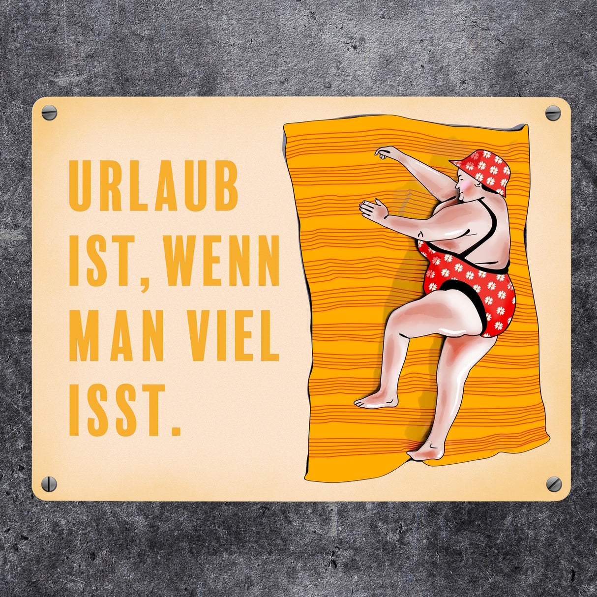 Metallschild Urlaub ist, wenn man viel isst mit Strandmotiv und Spruch zum Thema Essen