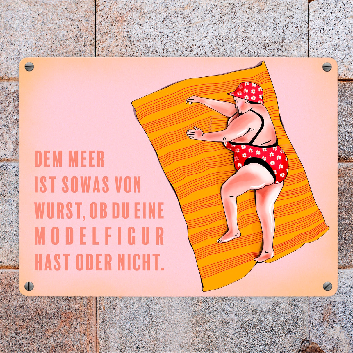 Metallschild mit lustigem Spruch zum Thema Modelfigur und Comic-Dame im Badeanzug