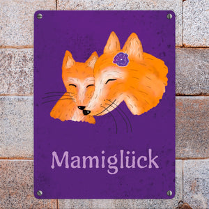 Füchse Mamiglück Metallschild mit Junge in Lila mit lilaner Schrift