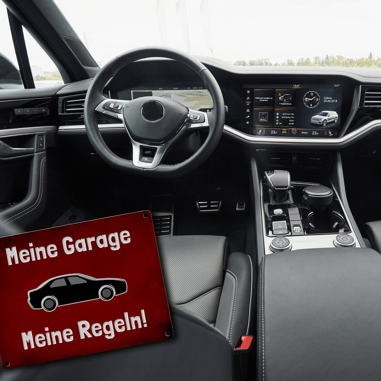 Meine Garage Meine Regeln! Metallschild in 15x20 cm mit Auto und rotem Hintergrund