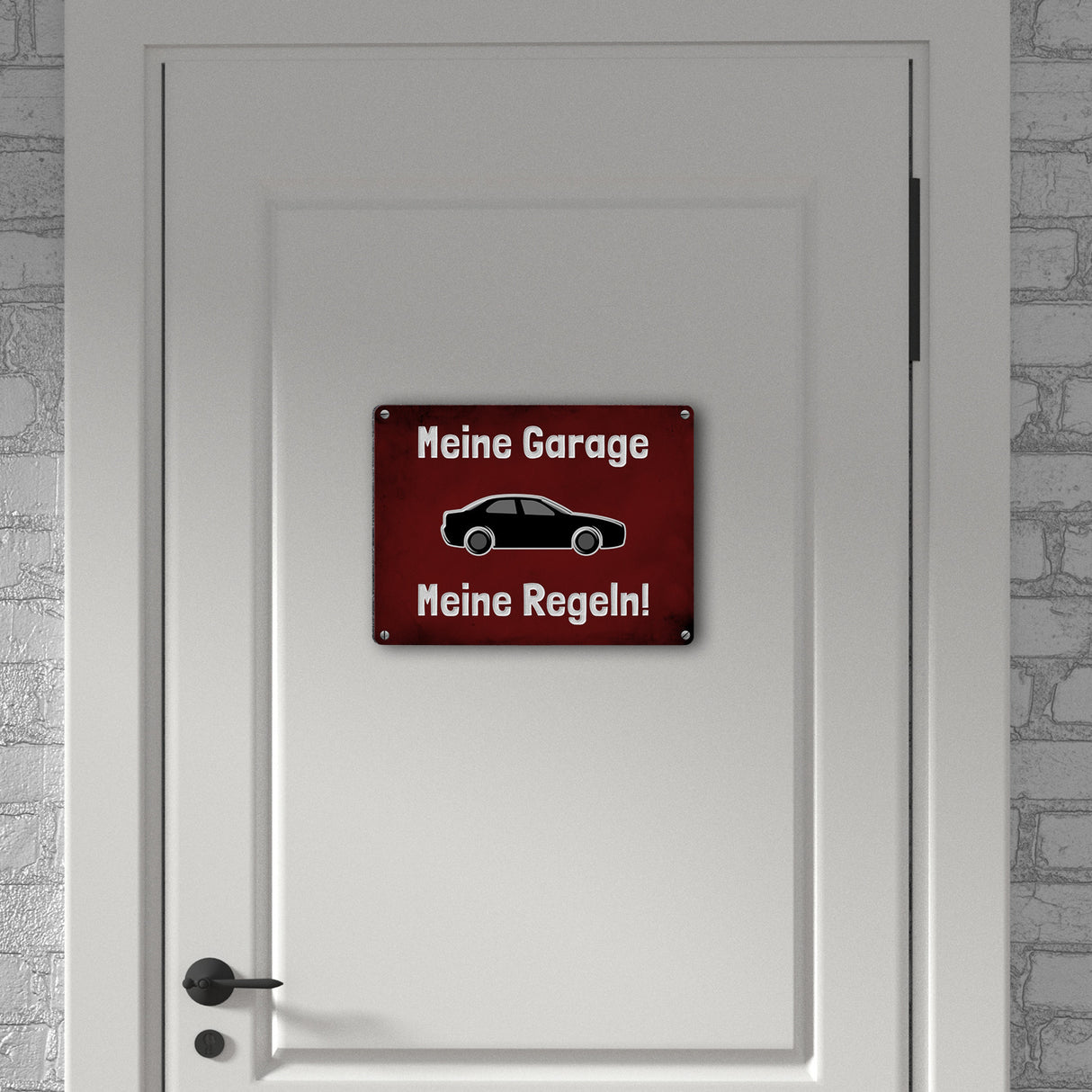 Meine Garage Meine Regeln! Metallschild in 15x20 cm mit Auto und rotem Hintergrund