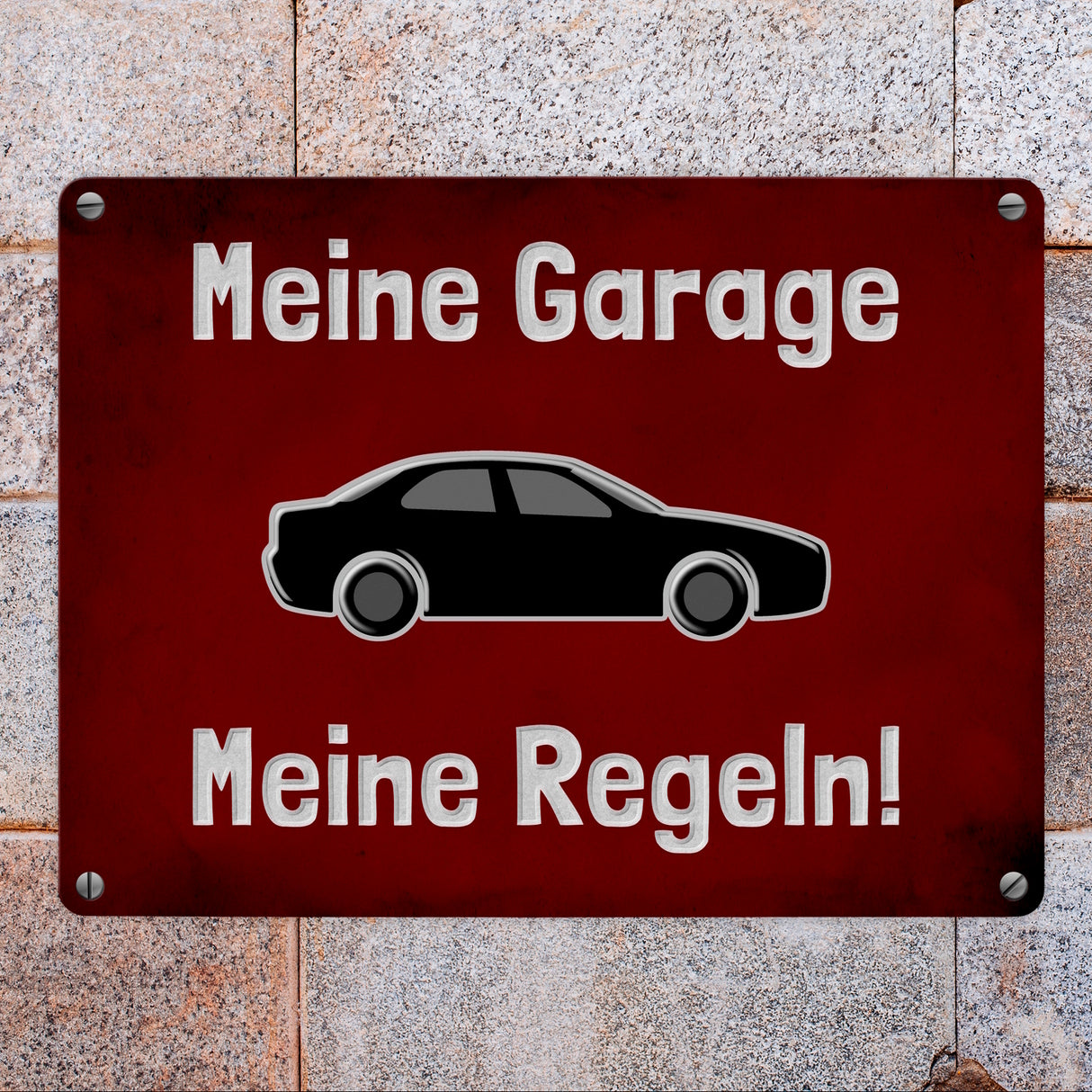 Meine Garage Meine Regeln! Metallschild in 15x20 cm mit Auto und rotem Hintergrund