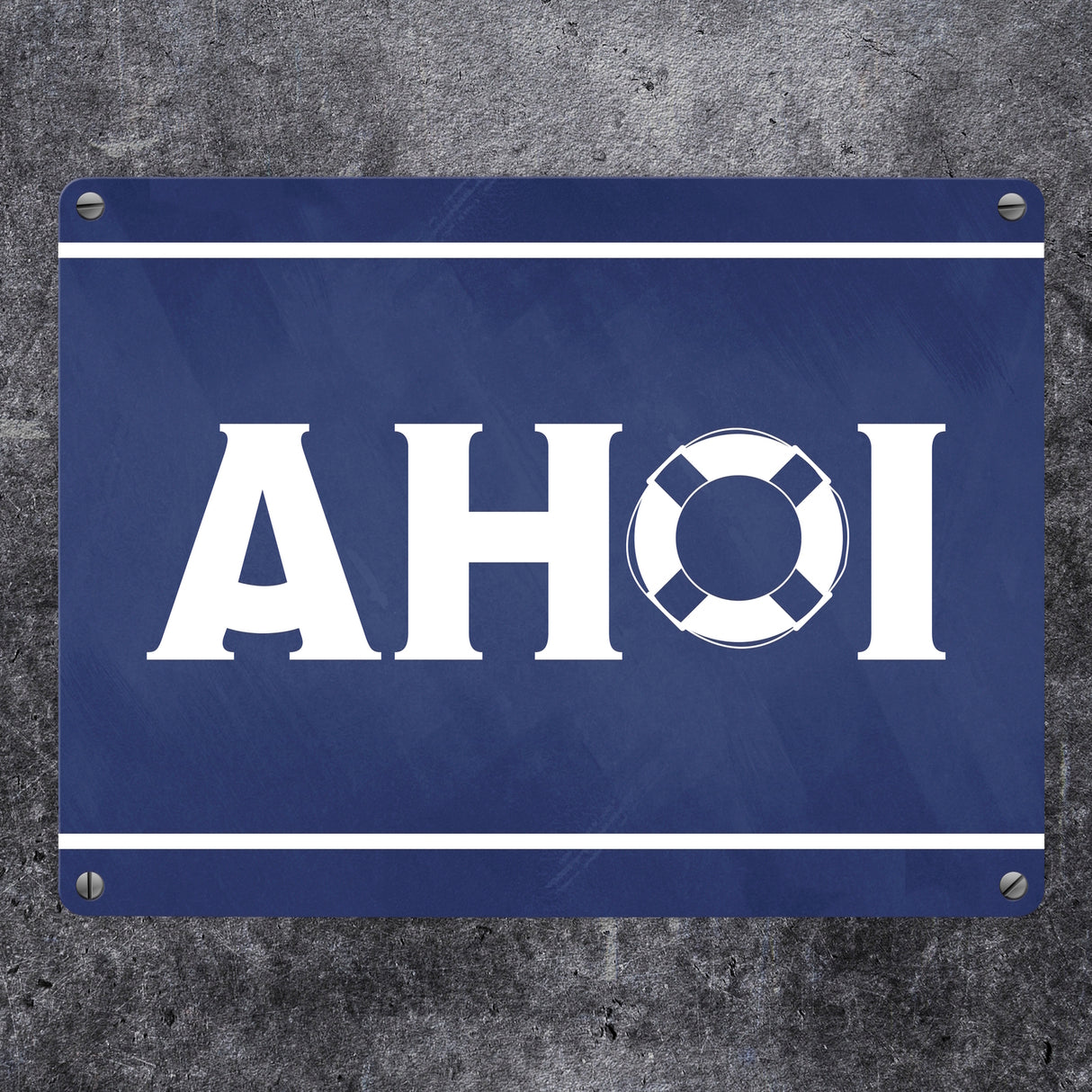 Metallschild Ahoi - mit Maritim Rettungsring Motiv