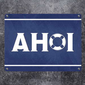 Metallschild Ahoi - mit Maritim Rettungsring Motiv
