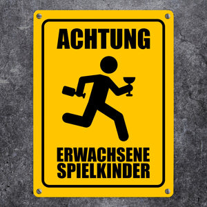 Metallschild mit Warnmännchen - Achtung erwachsene Spielkinder