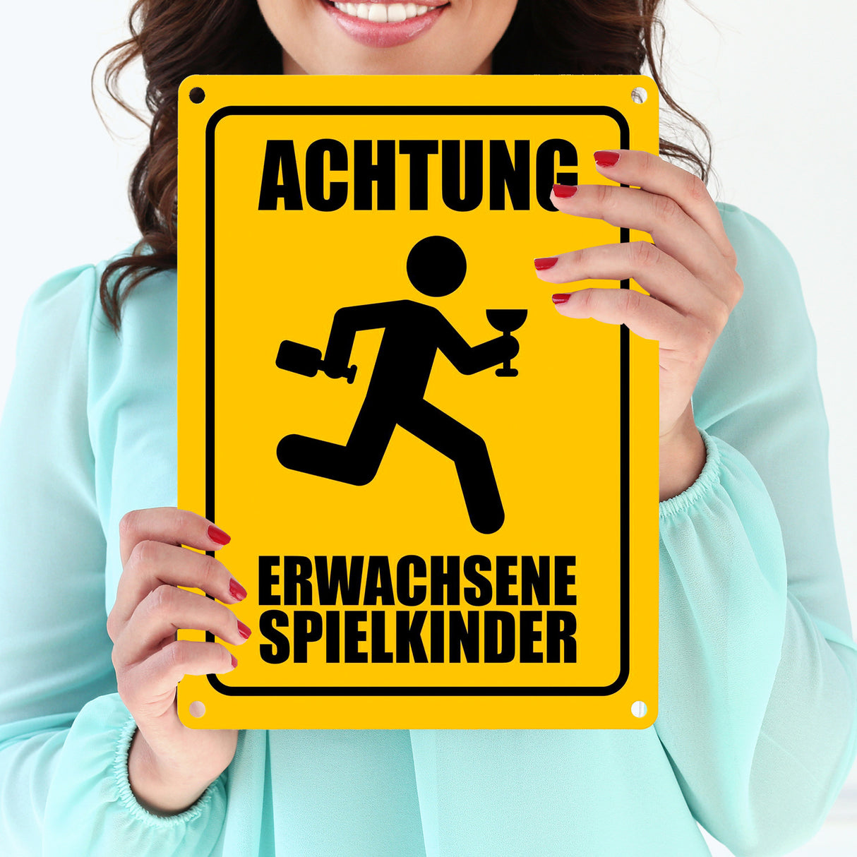 Metallschild mit Warnmännchen - Achtung erwachsene Spielkinder