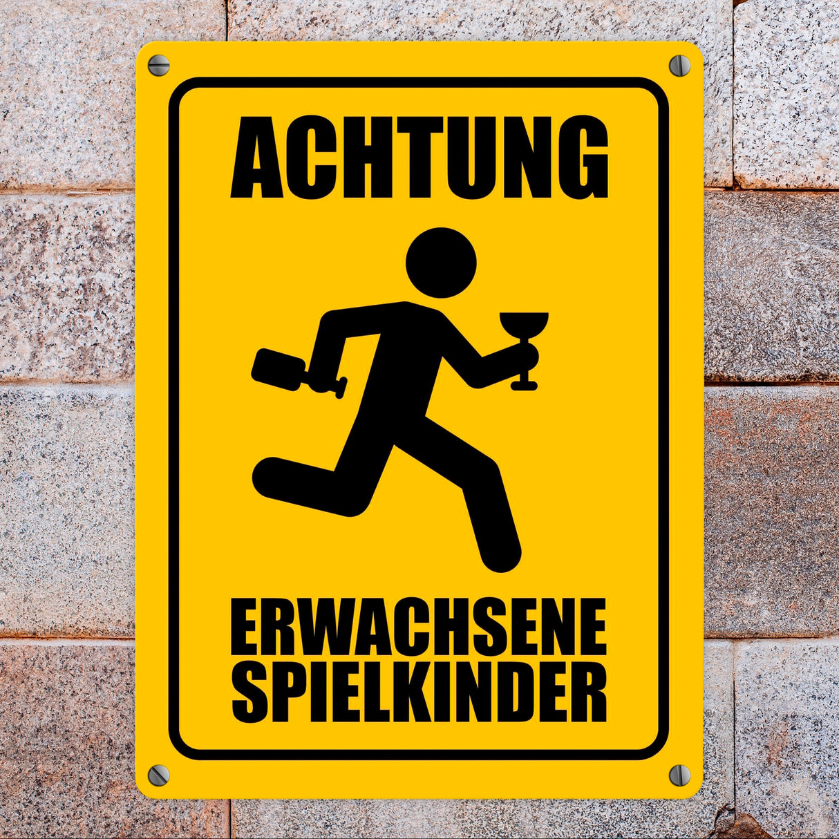 Metallschild mit Warnmännchen - Achtung erwachsene Spielkinder