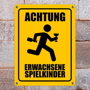 Metallschild mit Warnmännchen - Achtung erwachsene Spielkinder
