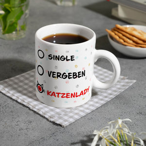 Kaffeebecher mit Motiv - Katzenlady Single Vergeben zum Ankreuzen