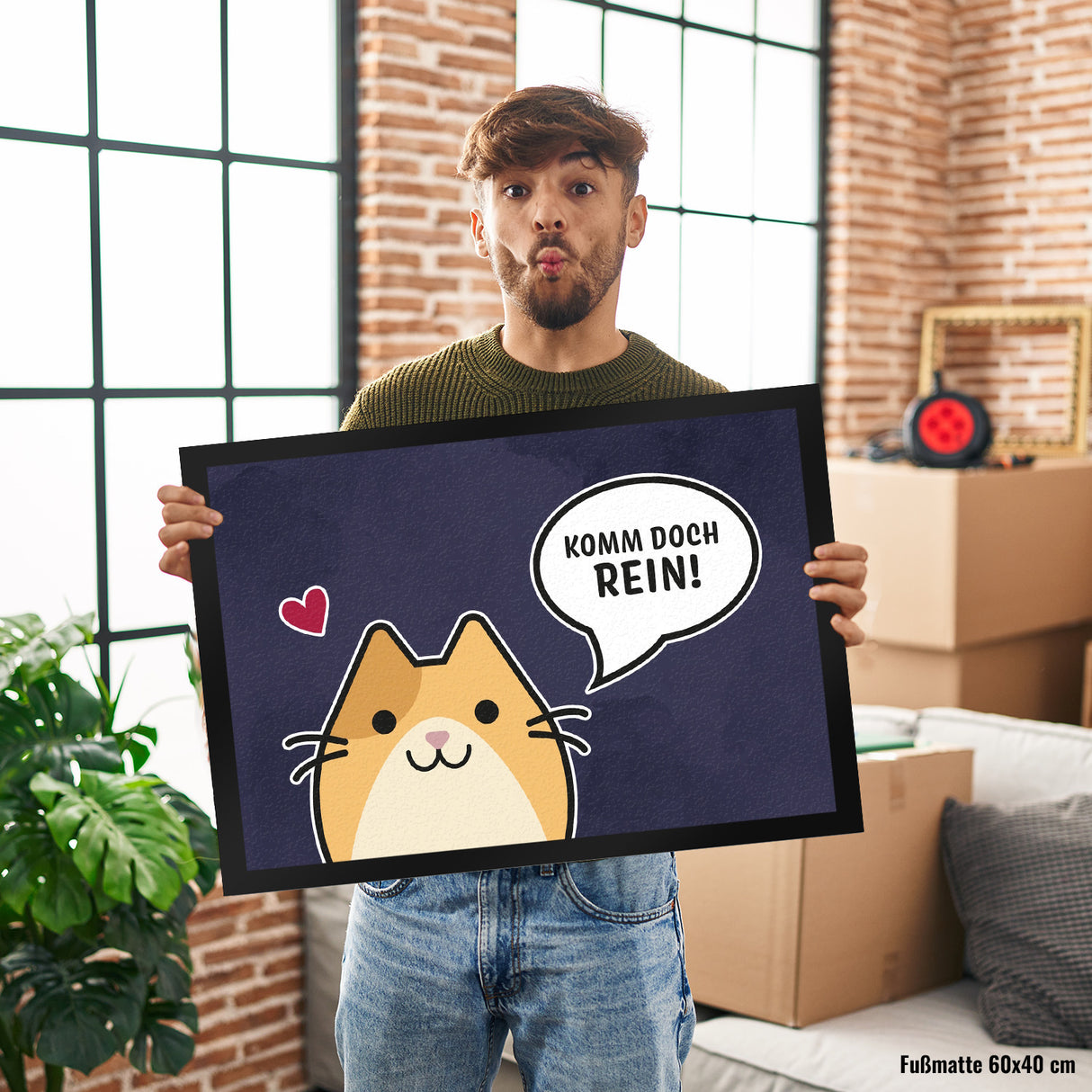 Fußmatte mit Motiv - Komm doch rein mit süßer Katze im Comic Design