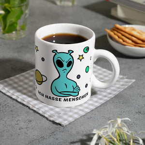 Kaffeebecher mit lustigem Comic Alien Motiv - Ich hasse Menschen