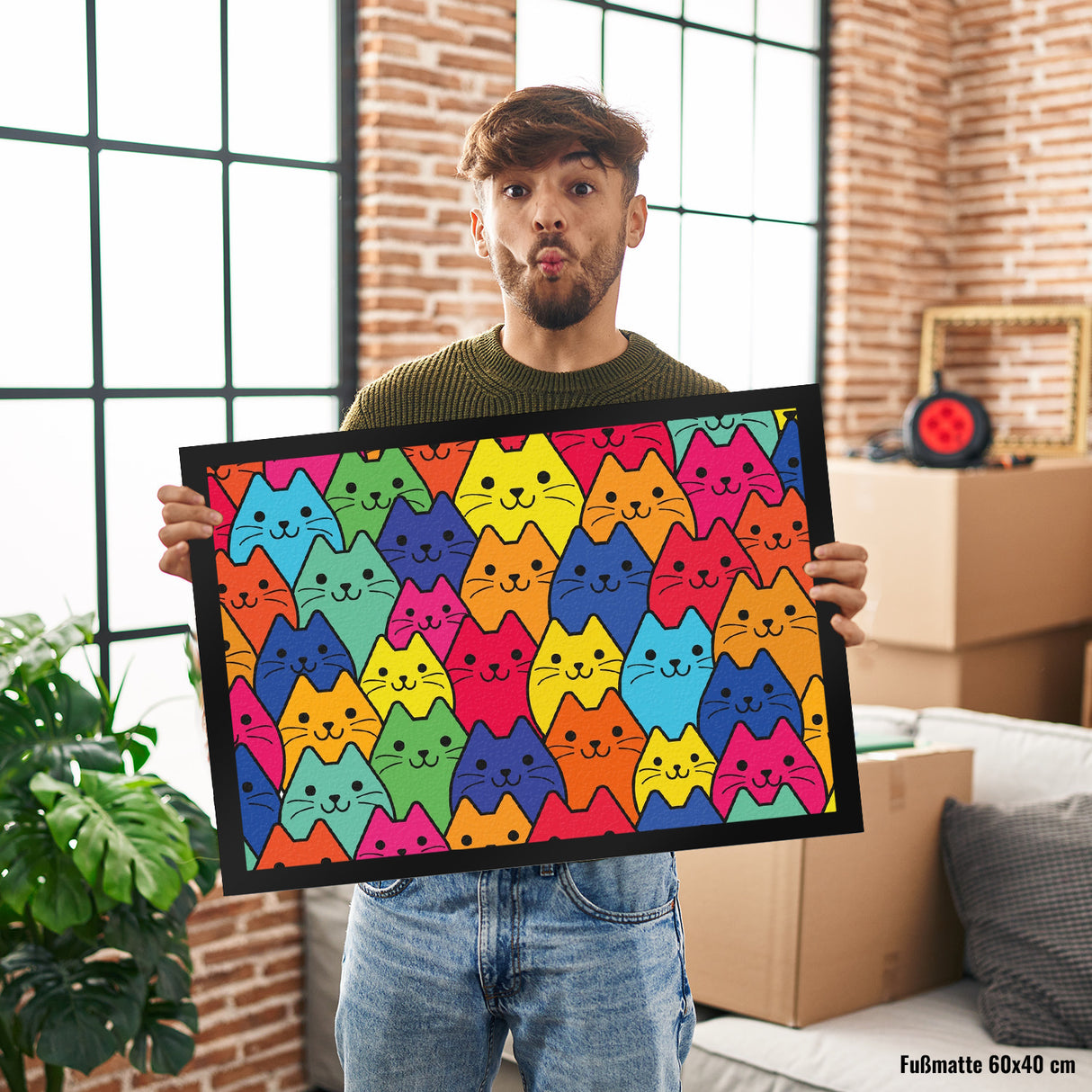 Fußmatte mit Katzen Motiv - Buntes Wimmelbild mit Comic Kätzchen