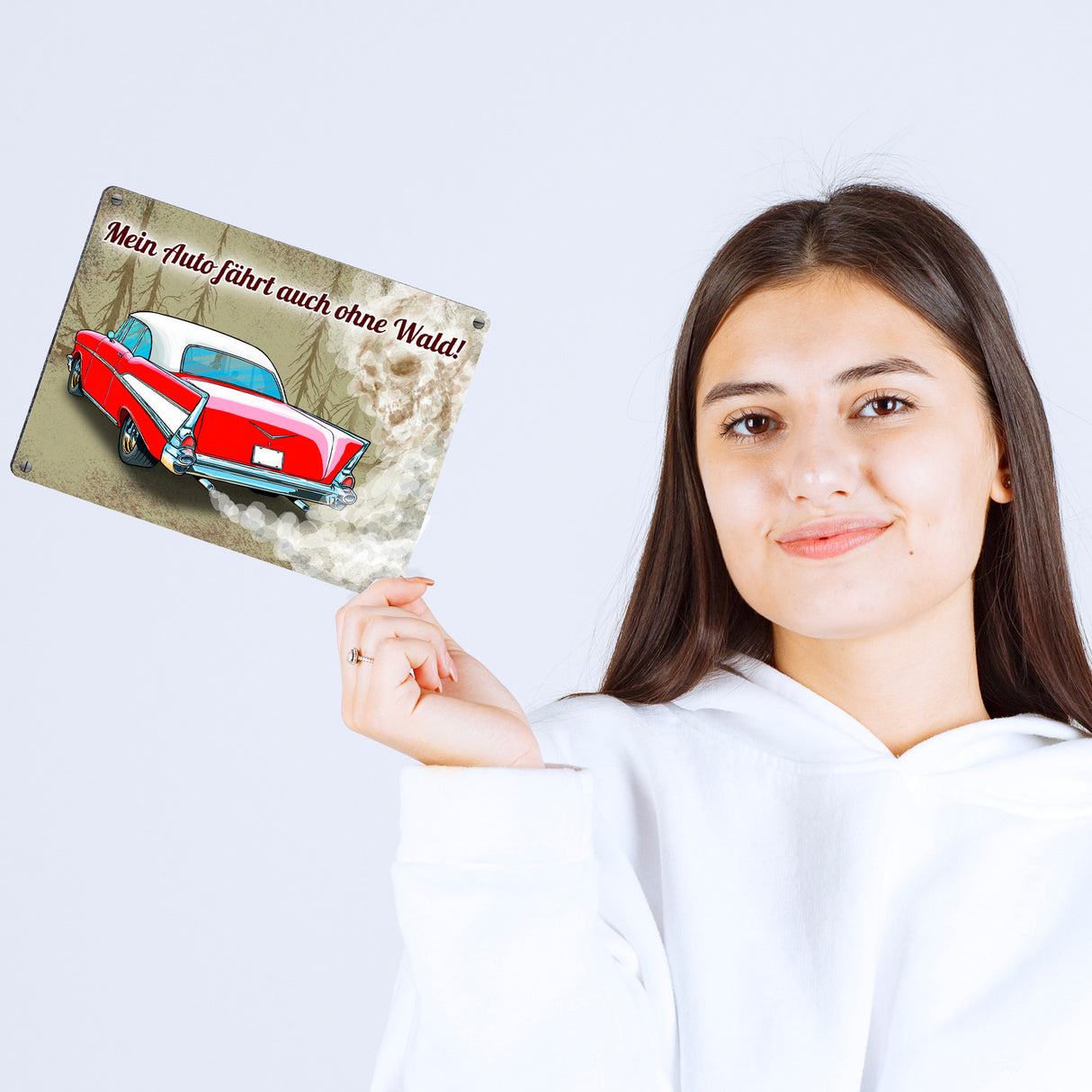 Metallschild mit Auto Motiv und Spruch Mein Auto fährt auch ohne Wald