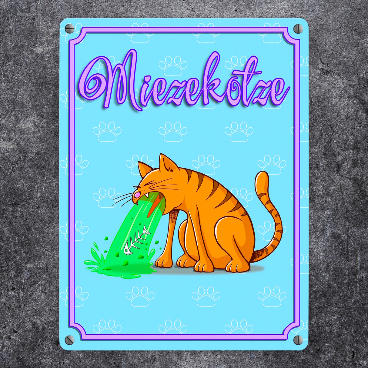 Metallschild mit Katzen Motiv - Miezekotze erbrechende Katze