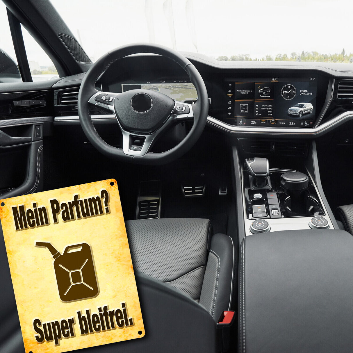 Metallschild mit Benzinkanister Motiv - Mein Parfum? Super bleifrei!